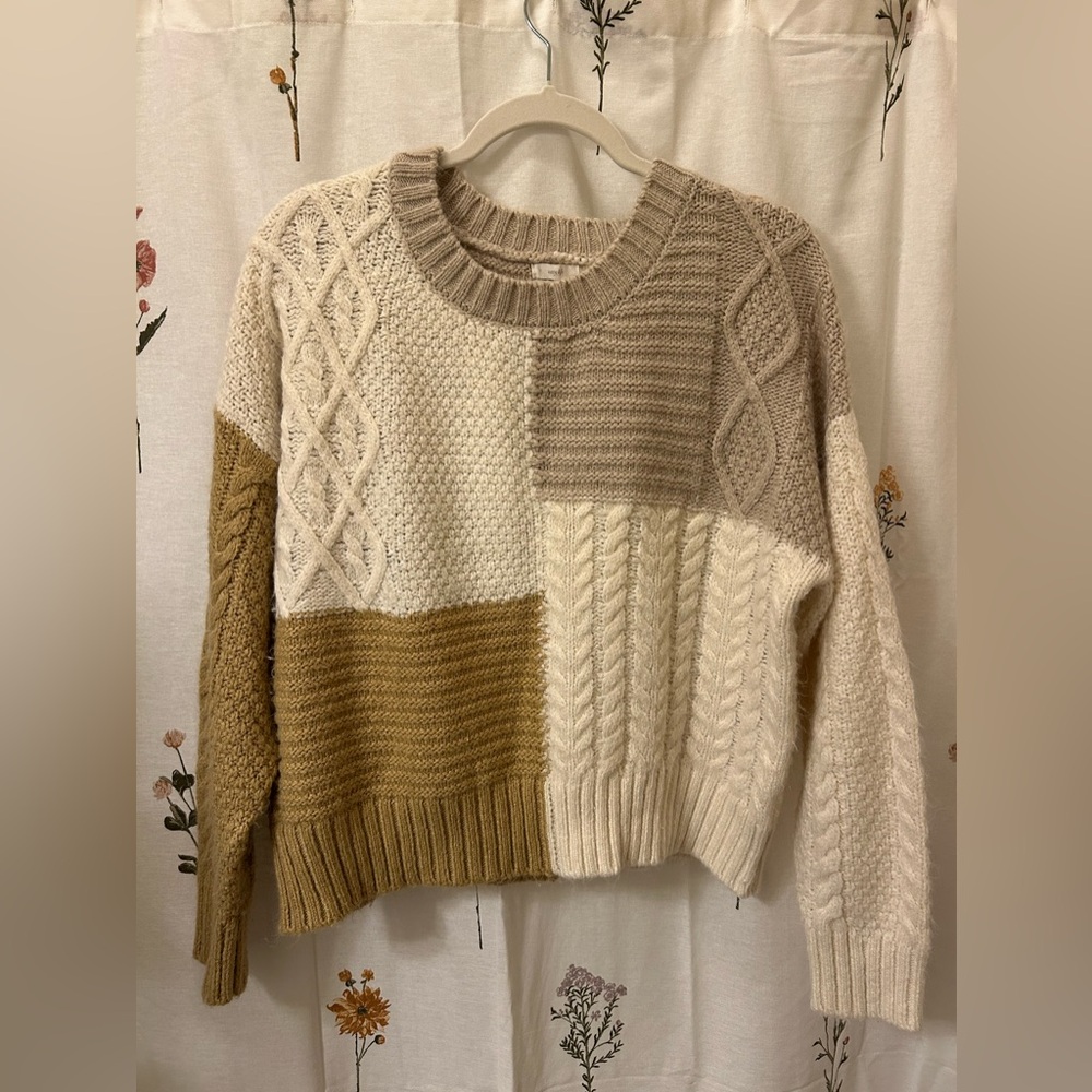 Cozy Patchwork Cable Knit Sweater - Cream, Tan, Brown